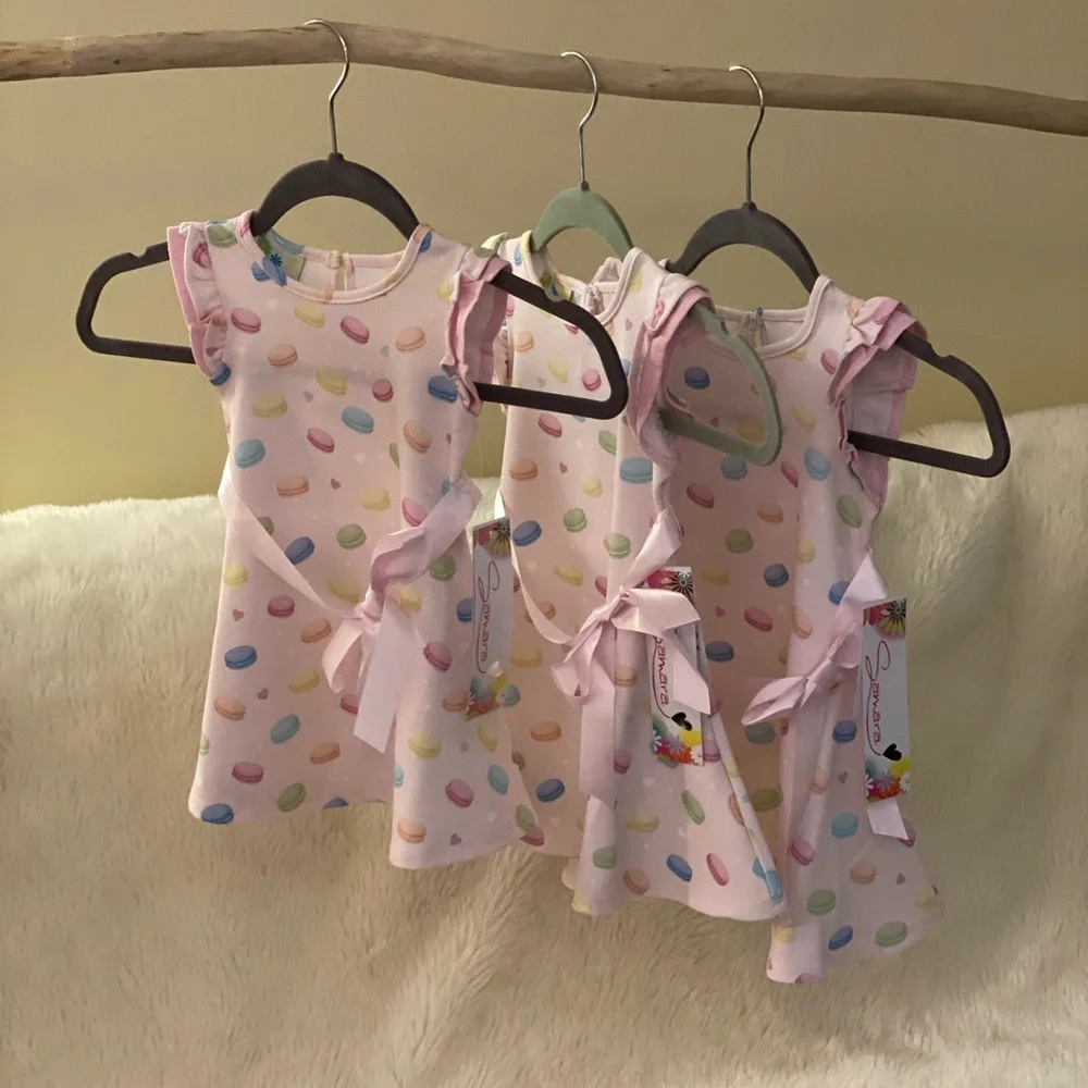 Samara Macaron Print Dress w/ Satin Ribbon, 6-9 Months